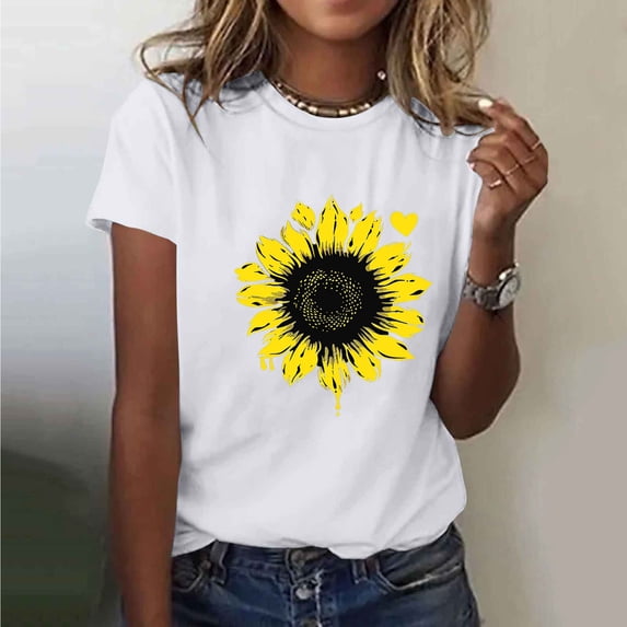 MORESEC Women Plus Size Sunflower T-Shirt Round Neck Short Sleeve Casual Basic Tee Top Vacation Fashion Clothes, White 3XL