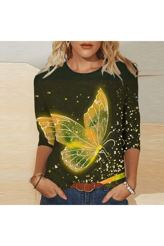 Women Plus Size T-Shirt 3/4 Sleeve Butterfly Graphic Boho Top Casual Loose Fit Blouse Vacation Fashion Clothes, Yellow S