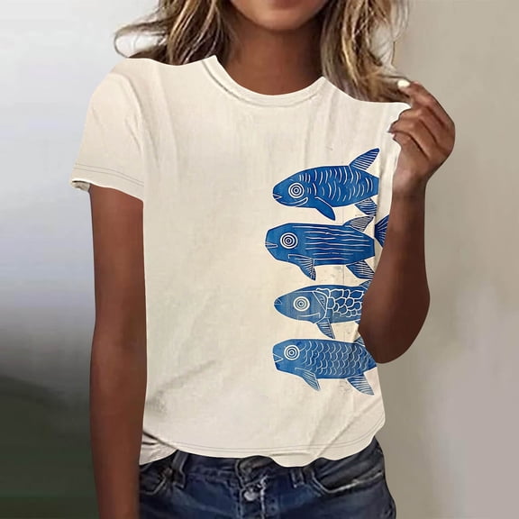 MORESEC Women Plus Size T-Shirt Short Sleeve Round Neck Graphic Tee Casual Basic Top Fish Print Vacation Beachwear Fashion Clothes, Multicolor M