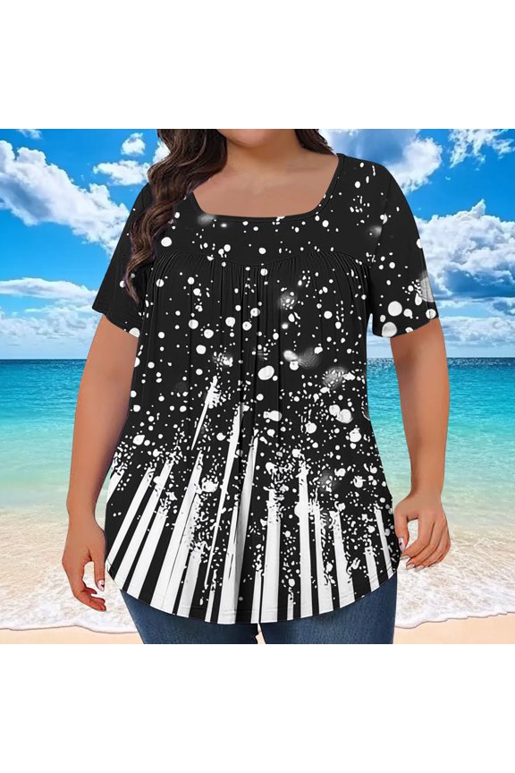 Women Plus Size T-Shirts Square Neck Short Sleeve Flowy Graphic Tee Casual Holiday Vacation Fashion Tops, Black L