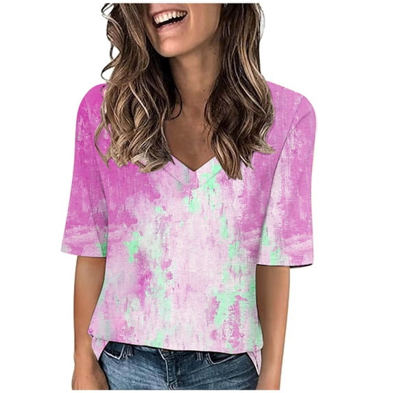 MORESEC Women Plus Size Tie Dye T-Shirts V Neck Short Sleeve Casual Basic Tees Summer Fashion Tops Cute Vacation Clothes, Hot Pink 3XL
