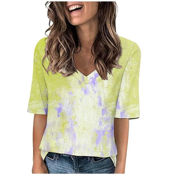 MORESEC Women Plus Size Tie Dye T-Shirts V Neck Short Sleeve Casual Basic Tees Summer Fashion Tops Cute Vacation Clothes, Yellow M