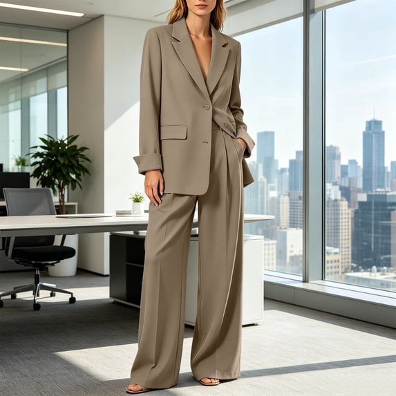 BRELIL Women Plus Size Two Piece Lounge Set Open Front Long Sleeve Blazer Wide Leg Pants Matching Solid Casual Elegant Tracksuit Travel Vacation Outfits, Beige XL