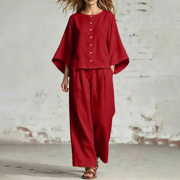 BRELIL Women Plus Size Two Piece Set Round Neck Batwing Sleeve Tops Wide Leg Pants Casual Loungewear Solid Boho Vacation Outfits Loose Travel Tracksuit, Red L