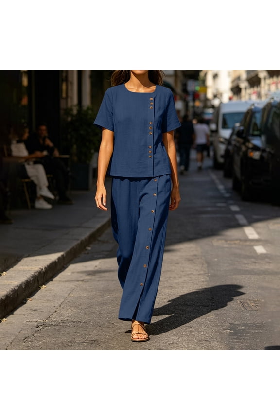 Women Plus Size Two Piece Set Round Neck Short Sleeve Tshirt Wide Leg Pants Casual Lounge Matching Outfits Solid Basic Travel Vacation Tracksuit, Navy M