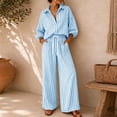thumbnail image 1 of BRELIL Women Plus Size Two Piece Set Striped Collared Long Sleeve Shirt Wide Leg Pants Loose Boho Vacation Casual Travel Outfits Tracksuit, Light Blue S, 1 of 9