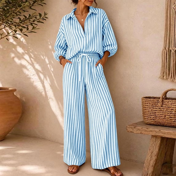 BRELIL Women Plus Size Two Piece Set Striped Collared Long Sleeve Shirt Wide Leg Pants Loose Boho Vacation Casual Travel Outfits Tracksuit, Light Blue S