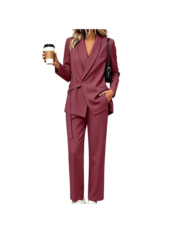 Women Plus Size Two Piece Set V Neck Long Sleeve Blazer Wide Leg Pants Matching Lounge Sets Solid Elegant Business Casual Tracksuit Office Wear, Wine 4XL