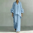 thumbnail image 1 of BRELIL Women Plus Size Two Piece Set V Neck Ruffle Sleeve Shirt Wide Leg Pants Casual Summer Loungewear Solid Boho Vacation Outfits Tracksuit Loose 2 Piece, Light Blue M, 1 of 5