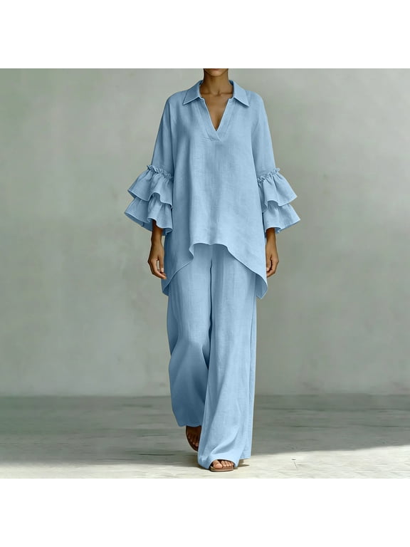Women Plus Size Two Piece Set V Neck Ruffle Sleeve Shirt Wide Leg Pants Casual Summer Loungewear Solid Boho Vacation Outfits Tracksuit Loose 2 Piece, Light Blue XL