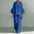 thumbnail image 1 of BRELIL Women Plus Size Two Piece Set V Neck Ruffle Sleeve Shirt Wide Leg Pants Casual Summer Loungewear Solid Boho Vacation Outfits Tracksuit Loose 2 Piece, Blue 4XL, 1 of 5