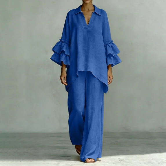 BRELIL Women Plus Size Two Piece Set V Neck Ruffle Sleeve Shirt Wide Leg Pants Casual Summer Loungewear Solid Boho Vacation Outfits Tracksuit Loose 2 Piece, Blue 4XL