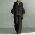 thumbnail image 1 of BRELIL Women Plus Size Two Piece Set V Neck Ruffle Sleeve Shirt Wide Leg Pants Casual Summer Loungewear Solid Boho Vacation Outfits Tracksuit Loose 2 Piece, Black 4XL, 1 of 5