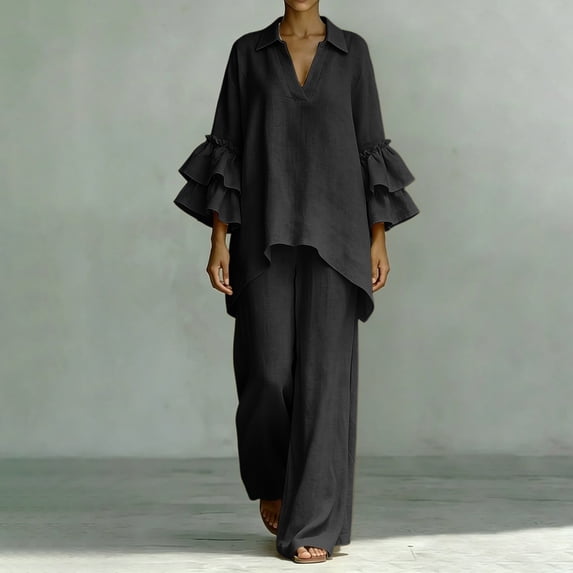 BRELIL Women Plus Size Two Piece Set V Neck Ruffle Sleeve Shirt Wide Leg Pants Casual Summer Loungewear Solid Boho Vacation Outfits Tracksuit Loose 2 Piece, Black 4XL
