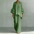 thumbnail image 1 of BRELIL Women Plus Size Two Piece Set V Neck Ruffle Sleeve Shirt Wide Leg Pants Casual Summer Loungewear Solid Boho Vacation Outfits Tracksuit Loose 2 Piece, Green XL, 1 of 5