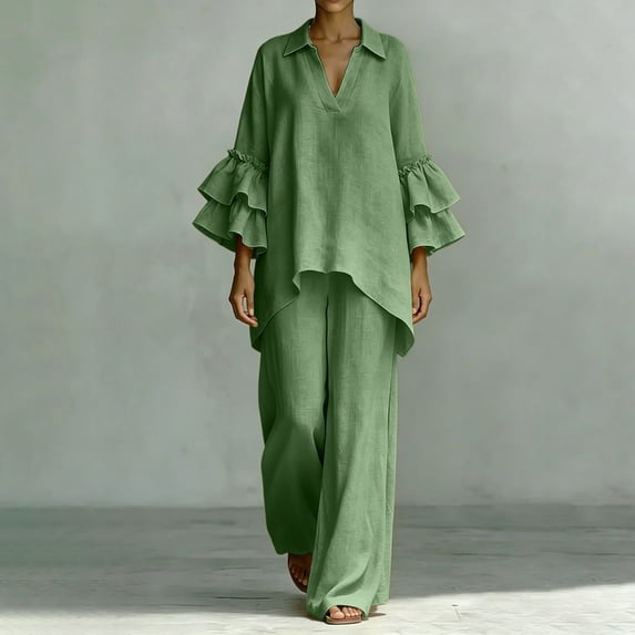 BRELIL Women Plus Size Two Piece Set V Neck Ruffle Sleeve Shirt Wide Leg Pants Casual Summer Loungewear Solid Boho Vacation Outfits Tracksuit Loose 2 Piece, Green XL