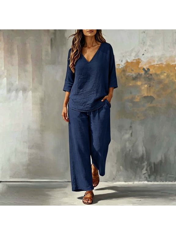 Women Plus Size Two Piece Sets V Neck 3/4 Sleeve Pullover Tops Wide Leg Pants Casual Loungewear Solid Boho Lounge Set Loose Vacation Travel Outfits, Navy 2XL