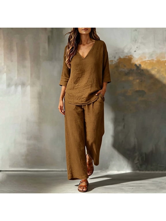 Women Plus Size Two Piece Sets V Neck 3/4 Sleeve Pullover Tops Wide Leg Pants Casual Loungewear Solid Boho Lounge Set Loose Vacation Travel Outfits, Brown L
