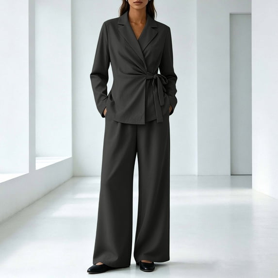 BRELIL Women Plus Size Two Piece Sets V Neck Long Sleeve Blazer Wide Leg Pants Matching Elegant Casual 2 Piece Outfits Lounge Work Travel, Black 4XL