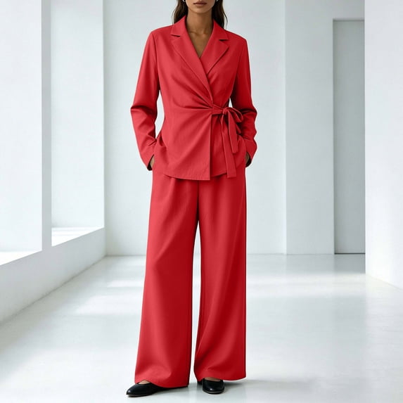 BRELIL Women Plus Size Two Piece Sets V Neck Long Sleeve Blazer Wide Leg Pants Matching Elegant Casual 2 Piece Outfits Lounge Work Travel, Red 3XL