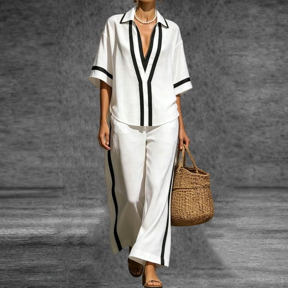 BRELIL Women Plus Size Two Piece Sets V Neck Short Sleeve Shirt Wide Leg Long Pants Casual Lounge Solid Boho Vacation Travel Outfits Fall Summer Tracksuit, White 3XL