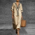 thumbnail image 1 of BRELIL Women Plus Size Two Piece Sets V Neck Short Sleeve Shirt Wide Leg Long Pants Casual Lounge Solid Boho Vacation Travel Outfits Fall Summer Tracksuit, Khaki 3XL, 1 of 8