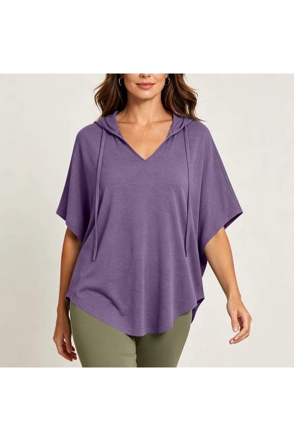 Women Plus Size V Neck Short Sleeve Hooded T Shirts Loose Fit Casual Summer Blouses Dressy Tops Party Vacation Clothes, Purple 2XL