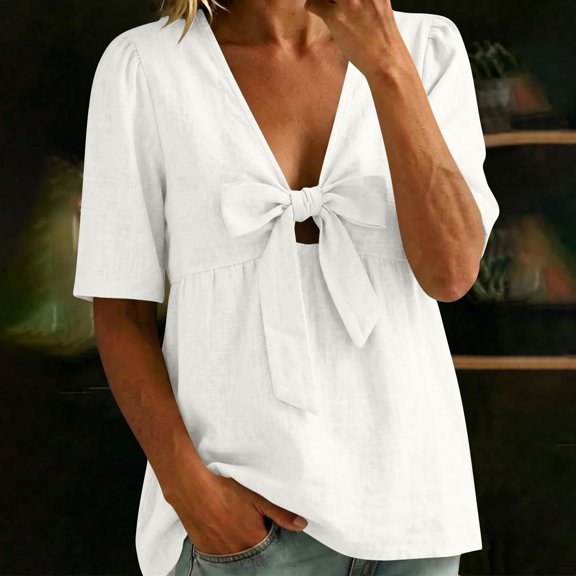 MORESEC Women Plus Size V Neck Short Sleeve Knot Front Solid Casual Blouse Tshirt Beach Summer Vacation Tops, White M
