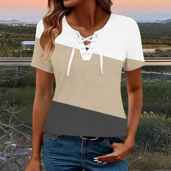MORESEC Women Plus Size V Neck Short Sleeve Lace Up Color Block Tshirt Dressy Casual Blouses Cute Summer Tee Tops Vacation Clothes, Light Blue 3XL