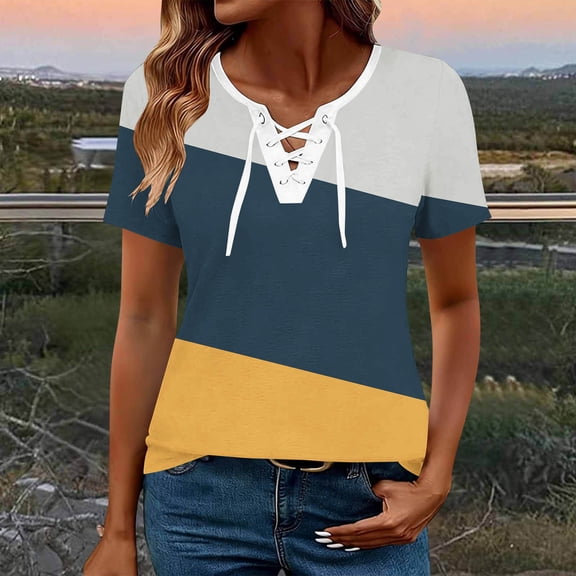 MORESEC Women Plus Size V Neck Short Sleeve Lace Up Color Block Tshirt Dressy Casual Blouses Cute Summer Tee Tops Vacation Clothes, Navy M