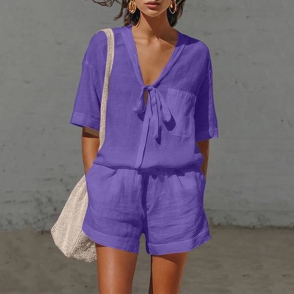 BRELIL Women Plus Size V Neck Short Sleeve Two Piece Set Tshirt Shorts Summer Casual Matching Lounge Outfits Solid Boho Vacation Travel Loose Tracksuit, Purple 2XL