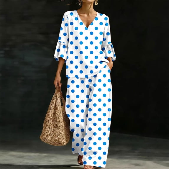 BRELIL Women Polka Dot Two Piece Lounge Set V Neck 3/4 Sleeve Blouse Wide Leg Pants Matching Loungewear Boho Casual Vacation Travel Outfits, Sky Blue 2XL