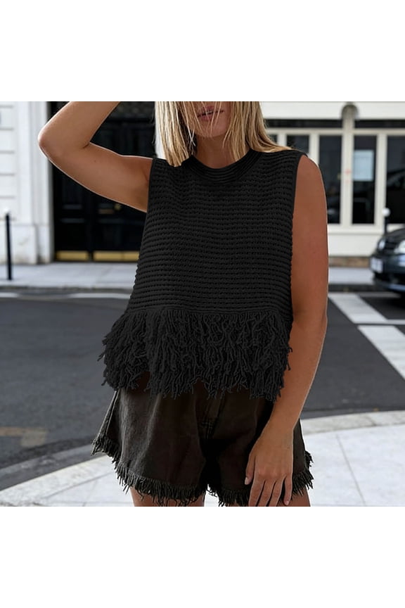 Women Sleeveless Knitted Tank Top Round Neck Boho Casual Summer Party Tops Cute Tee Shirts Vacation Clothes, Black S