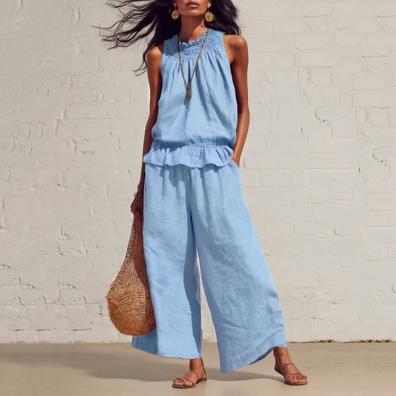 BRELIL Women Sleeveless Peplum Top Wide Leg Pants Two Piece Set Casual Boho Beach Loose Matching Outfits Solid Summer Vacation Travel Lounge Tracksuit, Sky Blue M
