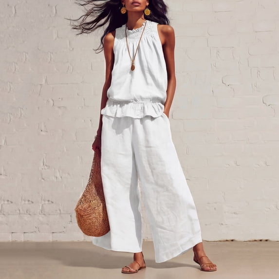 BRELIL Women Sleeveless Peplum Top Wide Leg Pants Two Piece Set Casual Boho Beach Loose Matching Outfits Solid Summer Vacation Travel Lounge Tracksuit, White M
