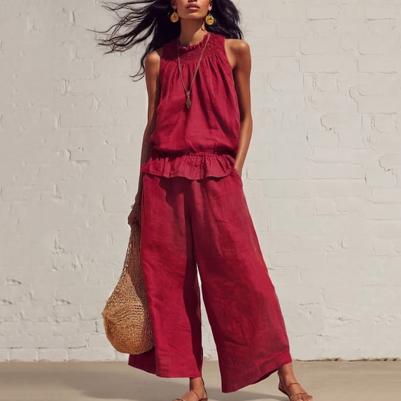 BRELIL Women Sleeveless Peplum Top Wide Leg Pants Two Piece Set Casual Boho Beach Loose Matching Outfits Solid Summer Vacation Travel Lounge Tracksuit, Wine S