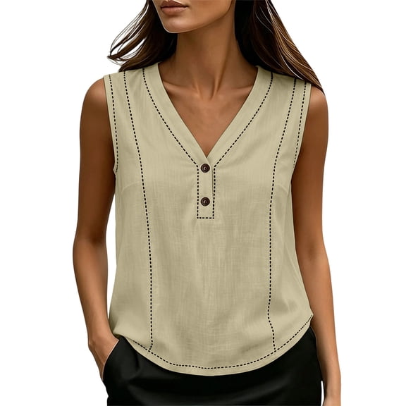 MORESEC Women Sleeveless V Neck Button Down Tank Top Casual Basic Solid Summer Tops Cute Tee Shirts Beach Vacation Outfits, Beige 2XL