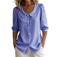 thumbnail image 1 of MORESEC Women Striped 3/4 Sleeve Button Down Blouse Collared Casual Loose Top for Summer Vacation Office Work Tee Shirts Travel Fashion Clothes, Dark Blue M, 1 of 8