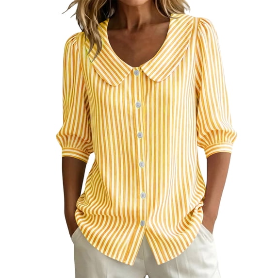 MORESEC Women Striped 3/4 Sleeve Button Down Blouse Collared Casual Loose Top for Summer Vacation Office Work Tee Shirts Travel Fashion Clothes, Yellow 2XL