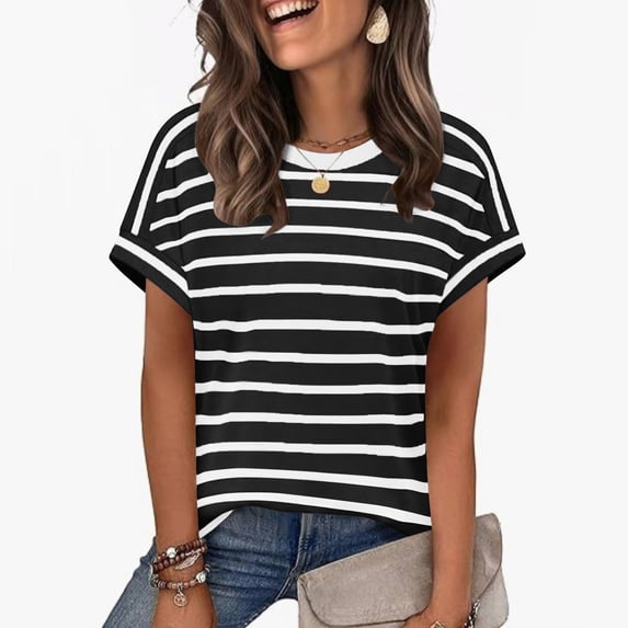 MORESEC Women Striped T-Shirt Short Sleeve Round Neck Casual Basic Tee Top Party Wear Everyday Fashion, Black L