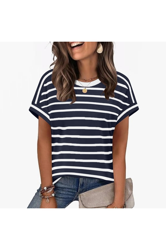 Women Striped T-Shirt Short Sleeve Round Neck Casual Basic Tee Top Party Wear Everyday Fashion, Navy L