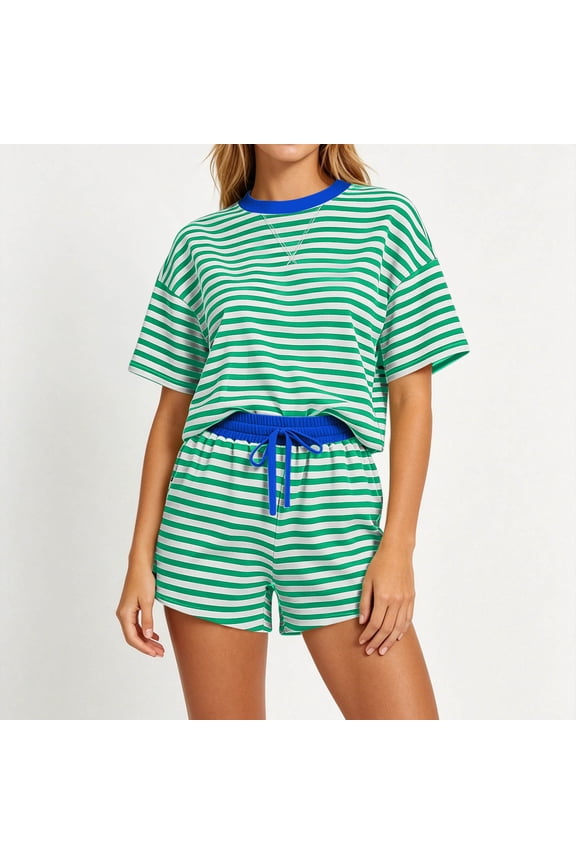 Women Striped Two Piece Set Round Neck Short Sleeve Tshirt Elastic Waisted Shorts Casual Lounge Matching Outfits Summer Travel Vacation Tracksuit, Green 2XL