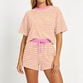 thumbnail image 1 of BRELIL Women Striped Two Piece Set Round Neck Short Sleeve Tshirt Elastic Waisted Shorts Casual Lounge Matching Outfits Summer Travel Vacation Tracksuit, Orange S, 1 of 6