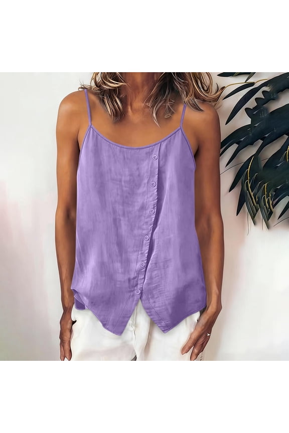 Women Summer Short Sleeve Button Down Tank Tops Cotton Linen V Neck Dressy Casual Blouses Cute T Shirts Vacation Beach Clothes, Purple L