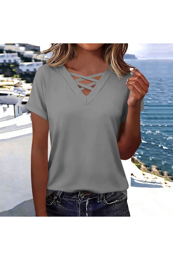 MORESEC Women Summer Short Sleeve V Neck Tshirts Casual Basic Blouses Cute Tee Shirts for Vacation Fashion Clothes, Gray M