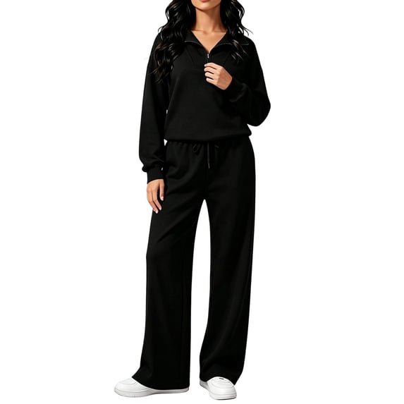 BRELIL Women Two Piece Lounge Set Collared Long Sleeve Pullover Tops Wide Leg Pants Matching Casual Outfits Solid Loungewear Tracksuit Vacation Travel, Black XL