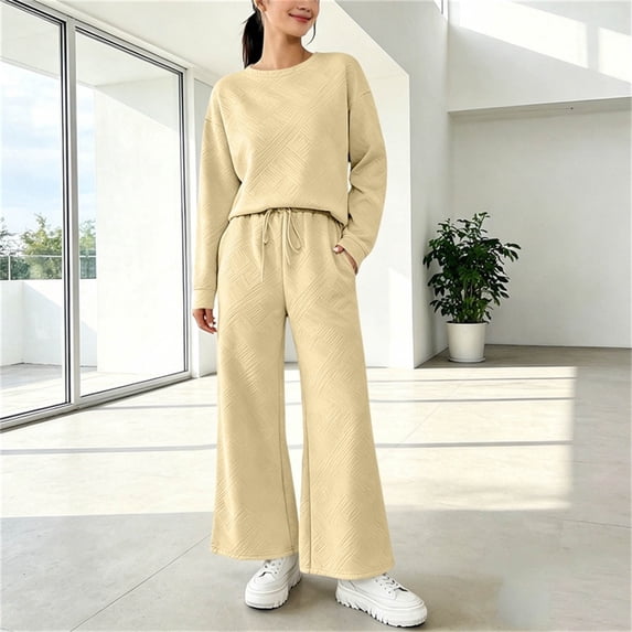 BRELIL Women Two Piece Lounge Set Round Neck Long Sleeve Pullover Tops Wide Leg Long Pants Matching Solid Casual Loungewear Outfits Travel Vacation Tracksuit, Beige XL