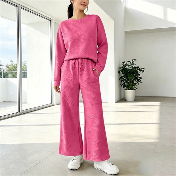 BRELIL Women Two Piece Lounge Set Round Neck Long Sleeve Pullover Tops Wide Leg Long Pants Matching Solid Casual Loungewear Outfits Travel Vacation Tracksuit, Pink XL