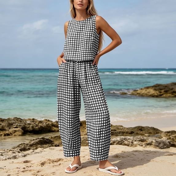 BRELIL Women Two Piece Plaid Outfits Round Neck Tank Top Wide Leg Long Pants Loungewear Casual Beach Loose 2 Piece Sets Summer Travel Vacation Matching Track Suit, Black M