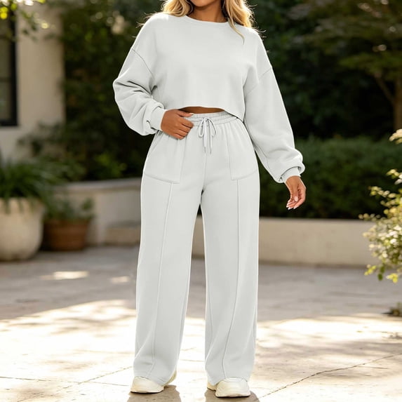 BRELIL Women Two Piece Set Long Sleeve Crop Top Wide Leg Drawstring Elastic Waist Casual Lounge Matching Outfits Solid Basic Tracksuit Travel Vacation, White S